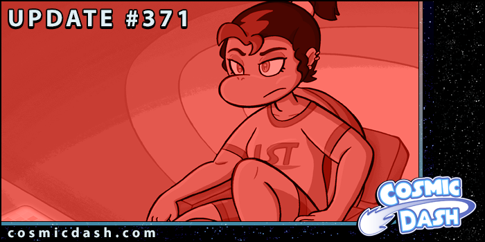 Cosmic Dash update graphic, serreven space comic, depicts Mara sitting, comic #371