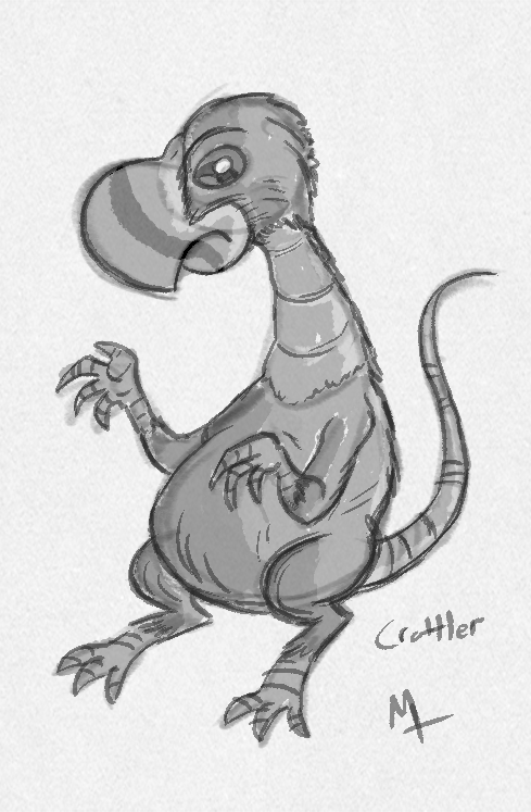 Hand-drawn illustration of the alien rodent called a crattler showing the long neck and beak-like snout.