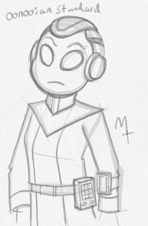 Oonooian standard fashion for primarily Grey population-centers, note the usage of gadgets and the lab coat look with the high collar - alien fashion