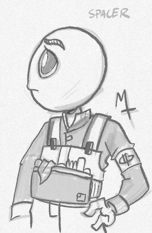 A sketch of a grey alien in utilitarian spacer clothing - a depiction of alien fashion